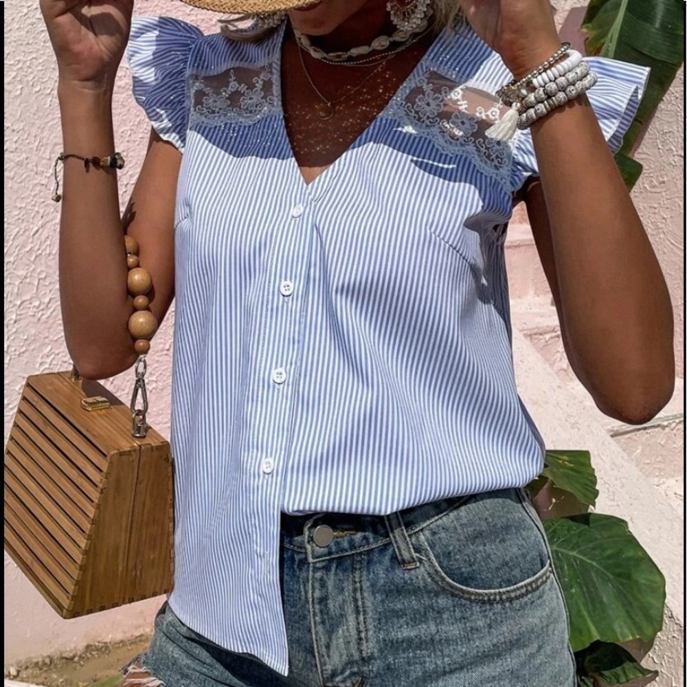 Striped blue white V neck  top - Picture 2 of 6